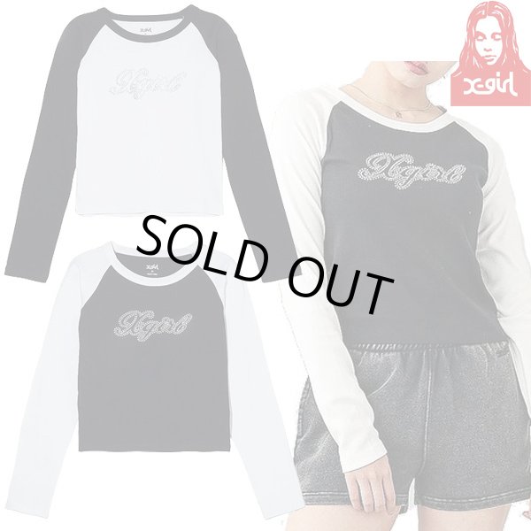 画像1: X-girl ( エックスガール ) - RHINESTONE SCRIPT LOGO L/S RAGLAN BABY TEE (1)