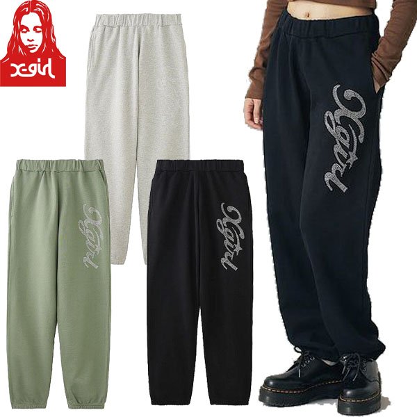 画像1: X-girl ( エックスガール ) - RHINESTONE STAR CURSIVE LOGO SWEAT PANTS (1)