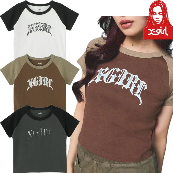 画像1: X-girl ( エックスガール ) - GRADATION GLITTER LOGO S/S RAGLAN BABY TEE (1)