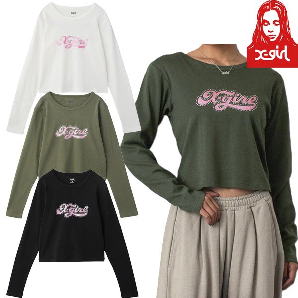 画像1: X-girl ( エックスガール ) - RHINESTONE AND GLITTER LOGO L/S BABY TEE (1)