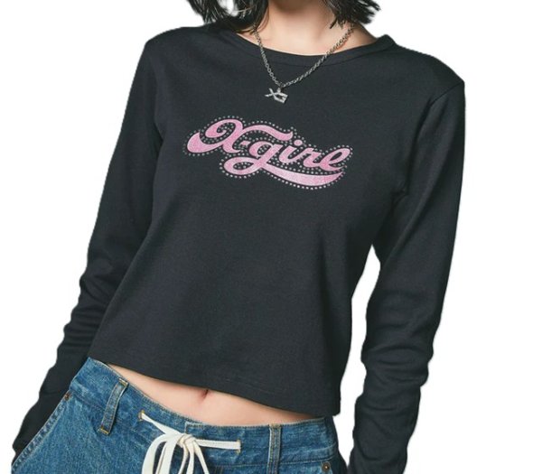 画像11: X-girl ( エックスガール ) - RHINESTONE AND GLITTER LOGO L/S BABY TEE (11)