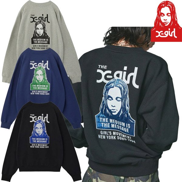 画像1: X-girl ( エックスガール ) - FACE PATCH AND LOGO CREWNECK SWEAT TOP (1)