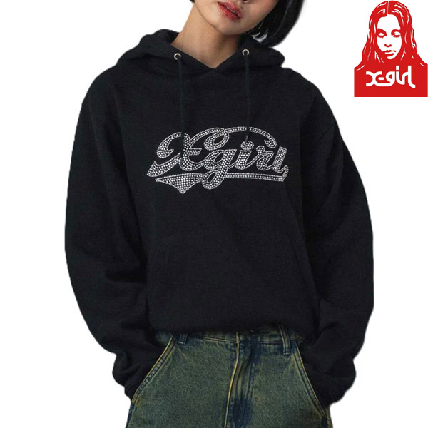 ☆予約☆ X-girl ( エックスガール ) - RHINESTONE CURSIVE LOGO SWEAT HOODIE